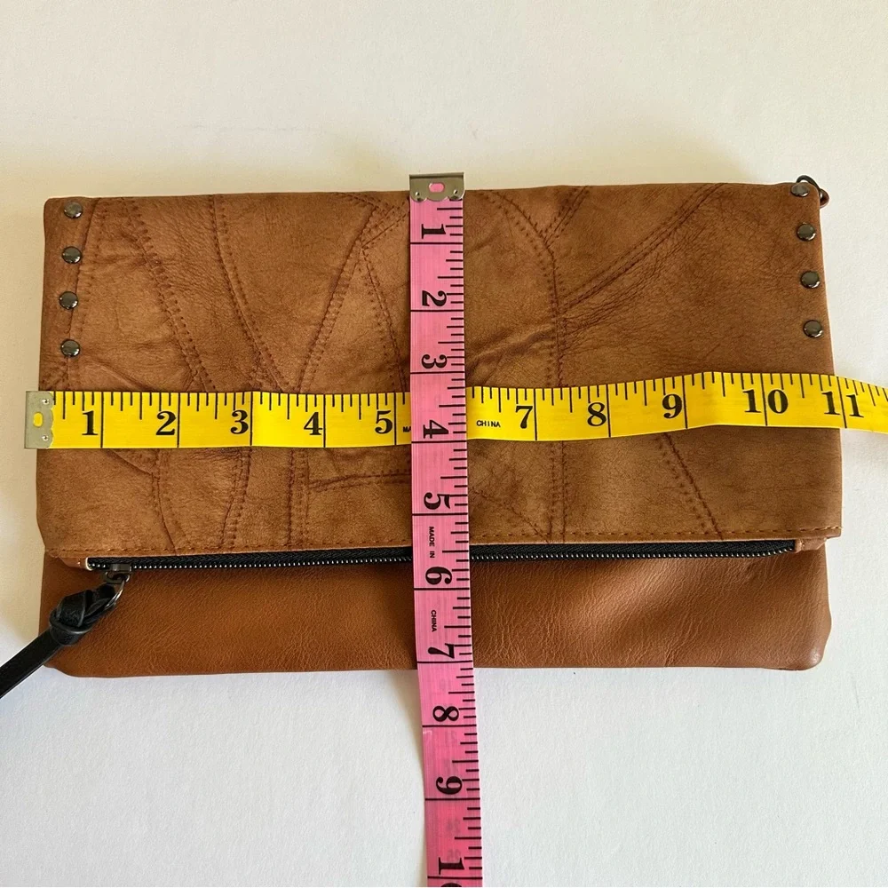 Tan Faux Leather Fold-Over Clutch‎ Crossbody with Chain Strap